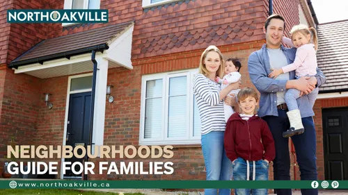 Family of five standing in front of a brick house with a tiled roof, promoting the North Oakville Neighborhoods Guide for Families