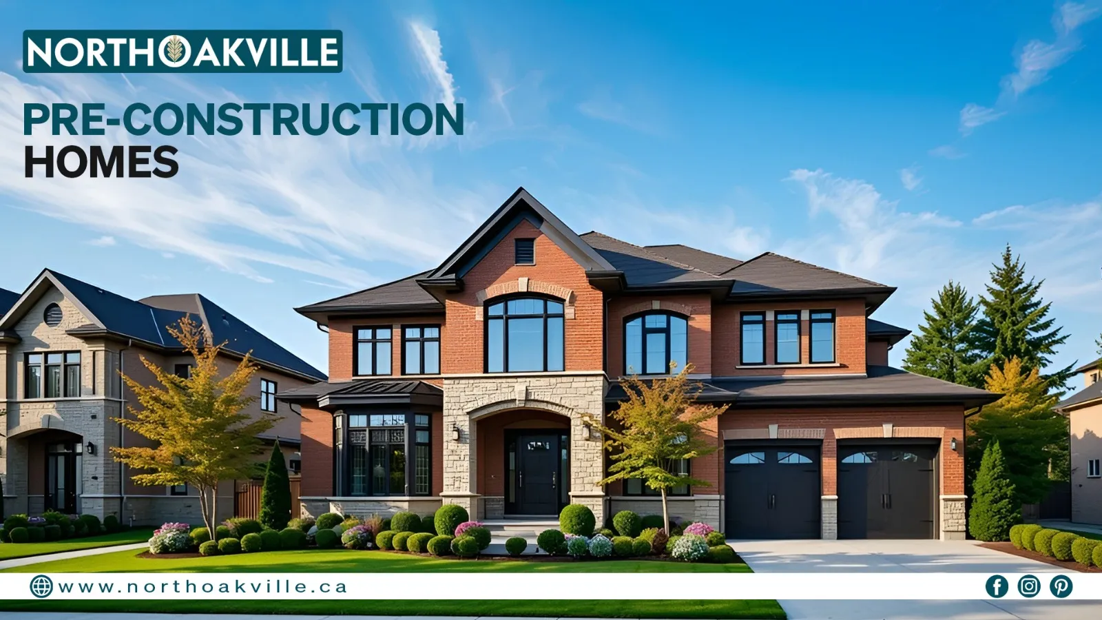 Modern two-story brick and stone home with landscaped yard, promoting North Oakville pre-construction homes in North Oakville
