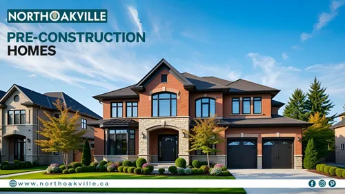 Modern two-story brick and stone home with landscaped yard, promoting North Oakville pre-construction homes in North Oakville